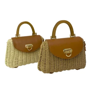 Bolso cartera de mujer en mimbre y tapa de cuero